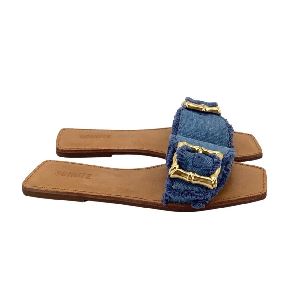 Schutz Womens Denim & Leather Slide Sandals Size 9.5 With Gold Buckle Details - Picture 2 of 5